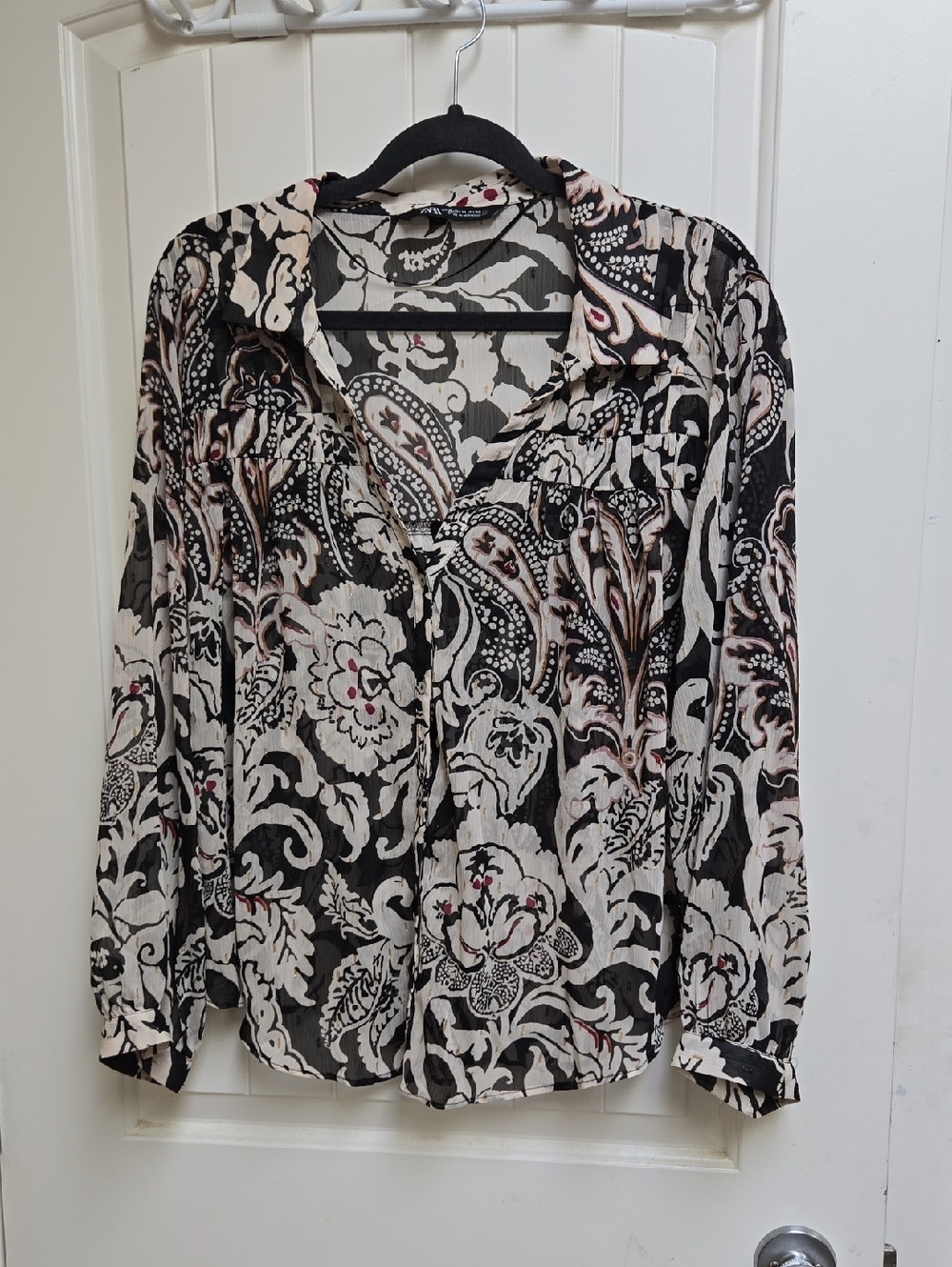 Zara Women's Black & Cream Printed Button-Front Blouse Long Sleeve XL